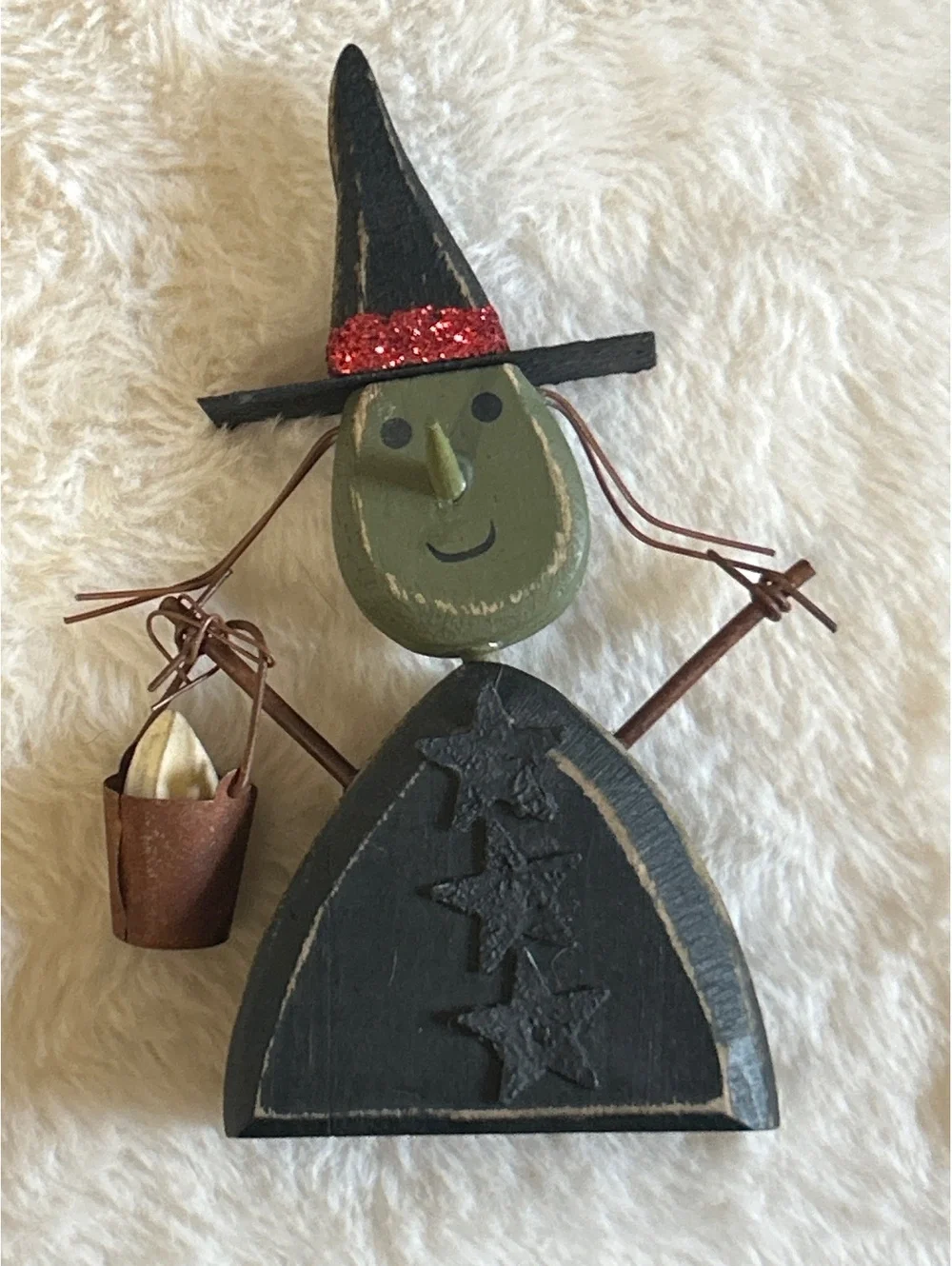 Handcrafted Wooden Wicked Witch Figurine with Glitter Hat and Mini Bucket